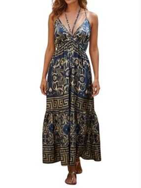 NWT L Boho Teal & Gold Printed Maxi Dress with Strappy V-Neck
